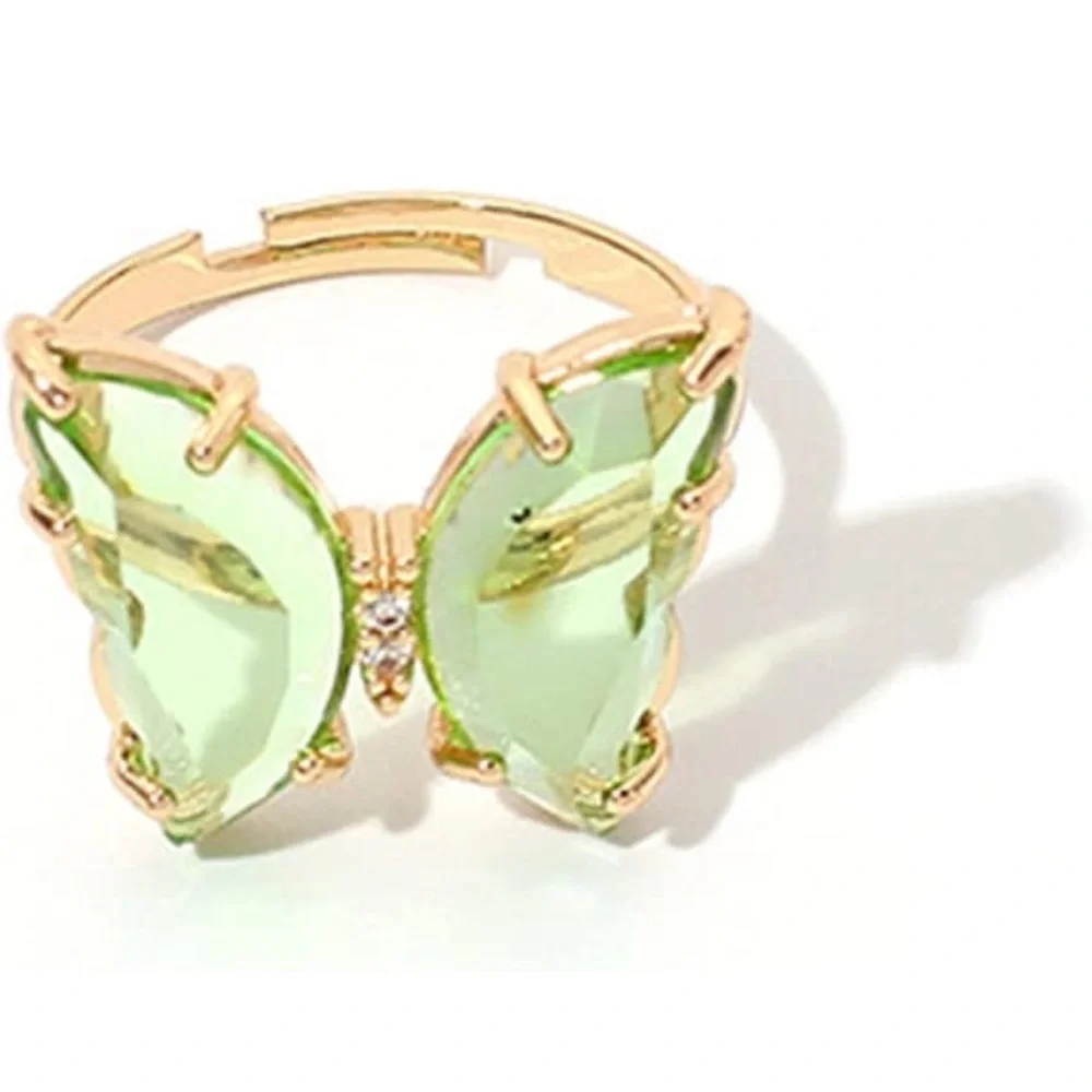 Pretty LIGHT GREEN Butterfly Gemstone Fashion Ring, Gold, Adjustable